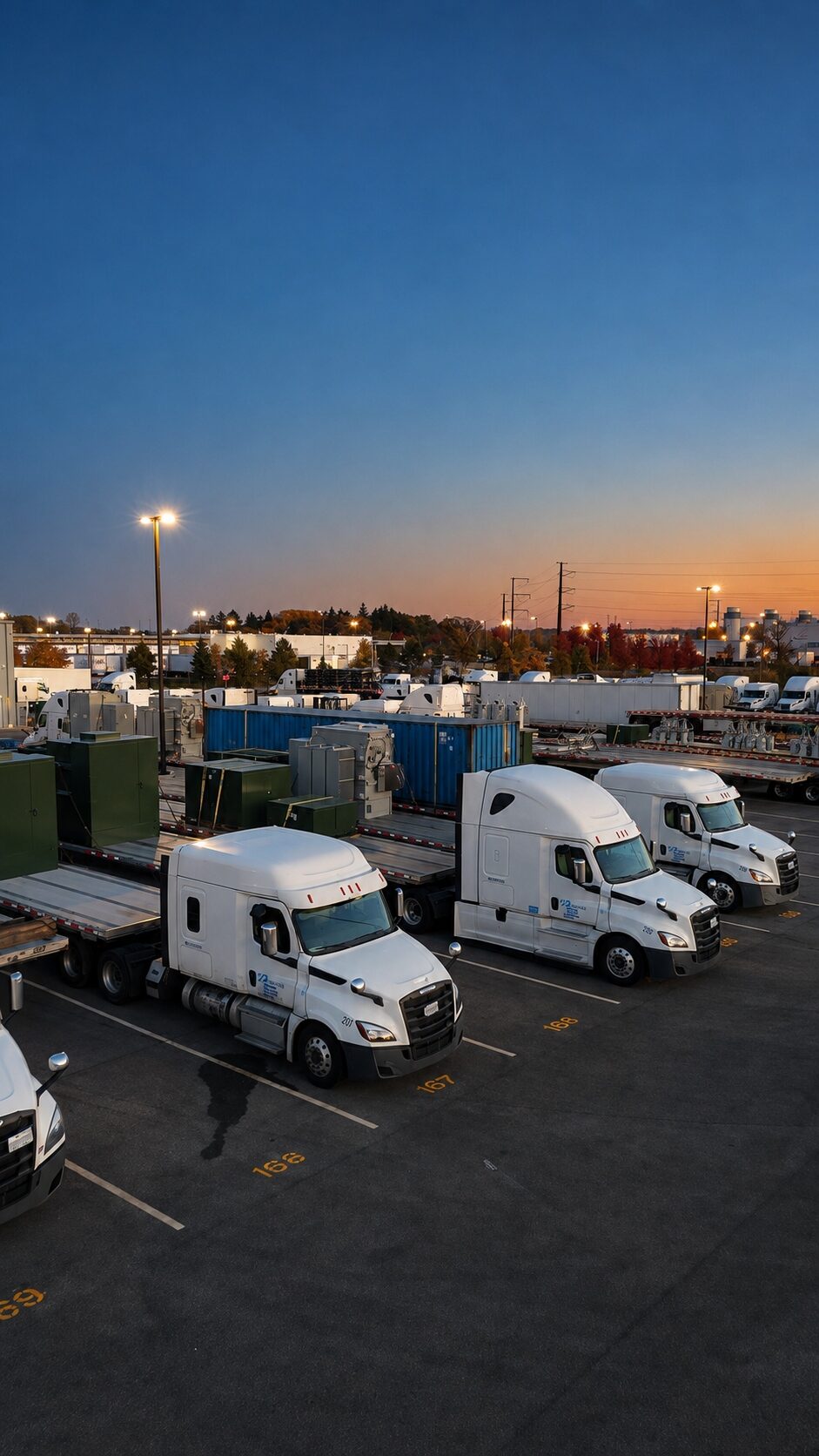 Run Direct trucks in the yard at sunset before heading out on the road