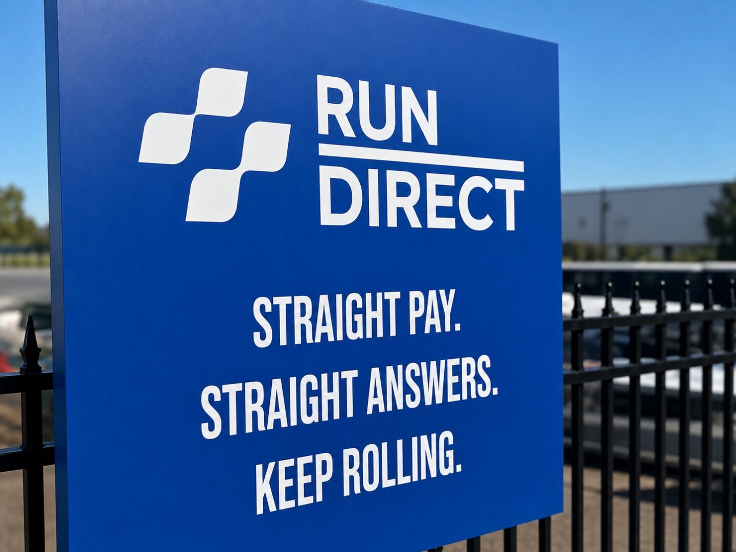 Run Direct branded yard signage reading Straight Pay, Straight Answers, Keep Rolling